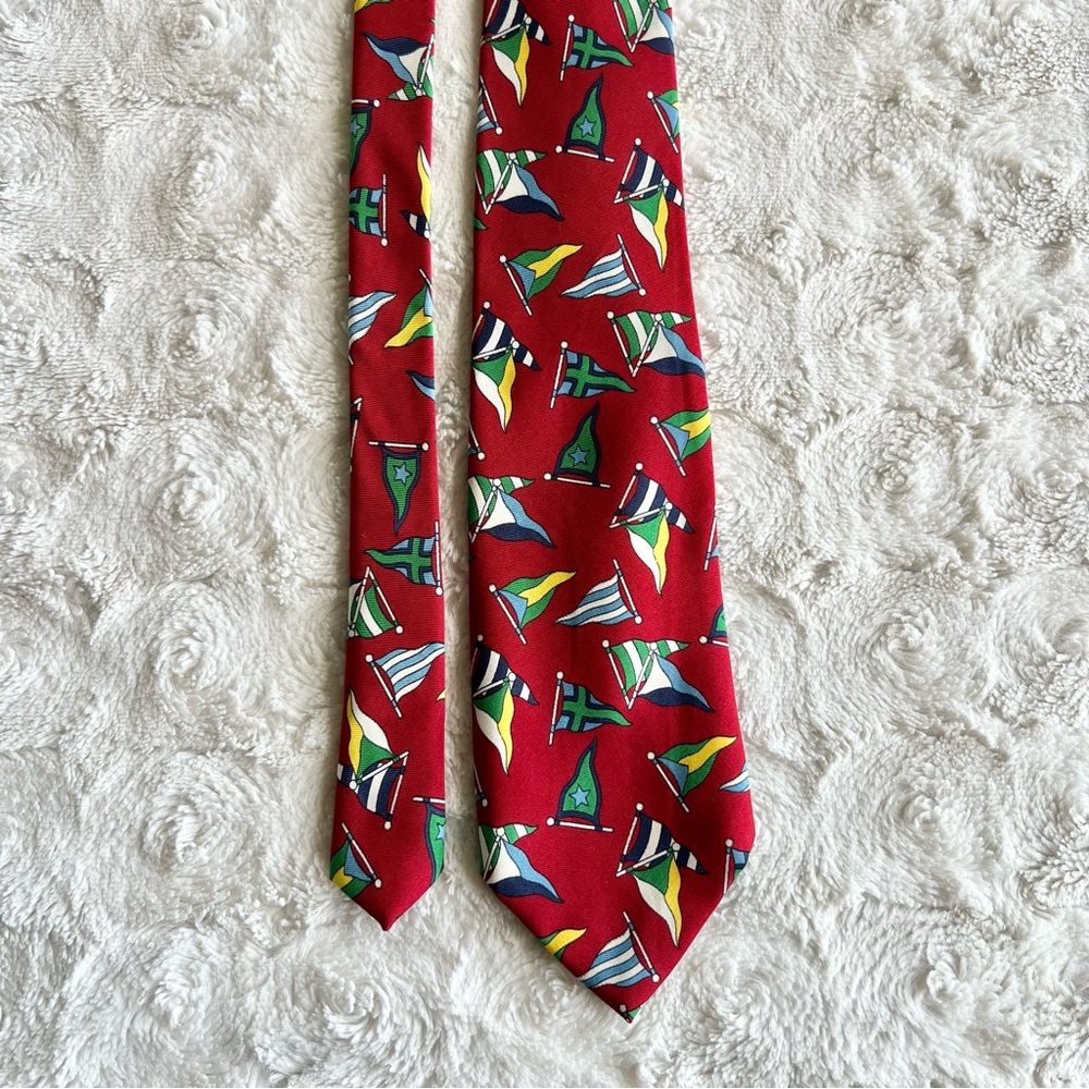 Vintage Polo Ralph Lauren Necktie Mens Red Silk Nautical Flags Sailing Boat Ship